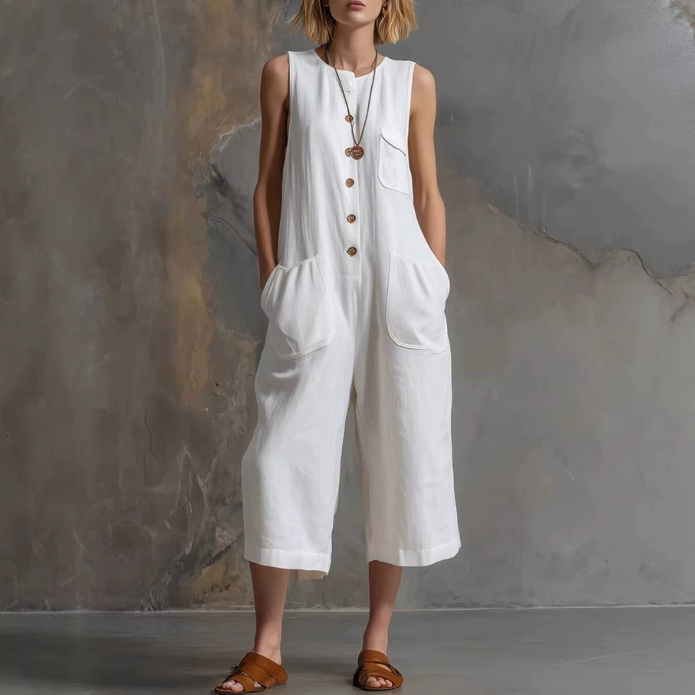 ZARA Summer Casual Retro Sleeveless White Cotton Linen Wide Leg Capri Jumpsuit